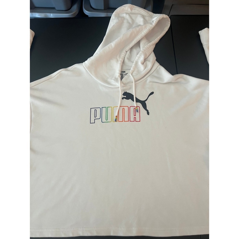 Puma Womens White Cropped Hoodie Rainbow Logo Sweatshirt Large (1092) - Picture 2 of 12